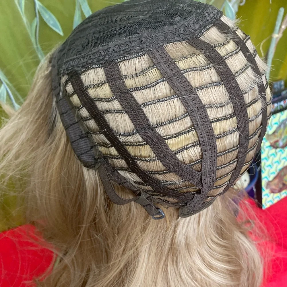 Golden dirty blonde layered wig with bangs and roots